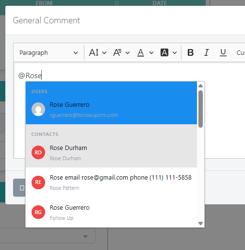 Contacts drop down